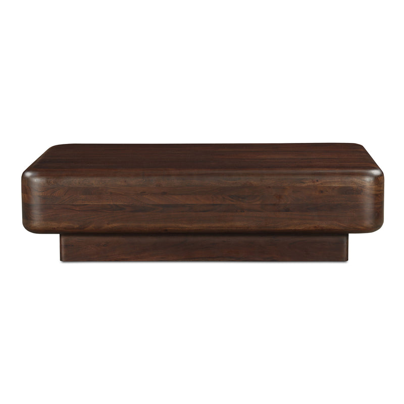 Dark brown wooden coffee table with rounded edges and a low rectangular pedestal base, front view.