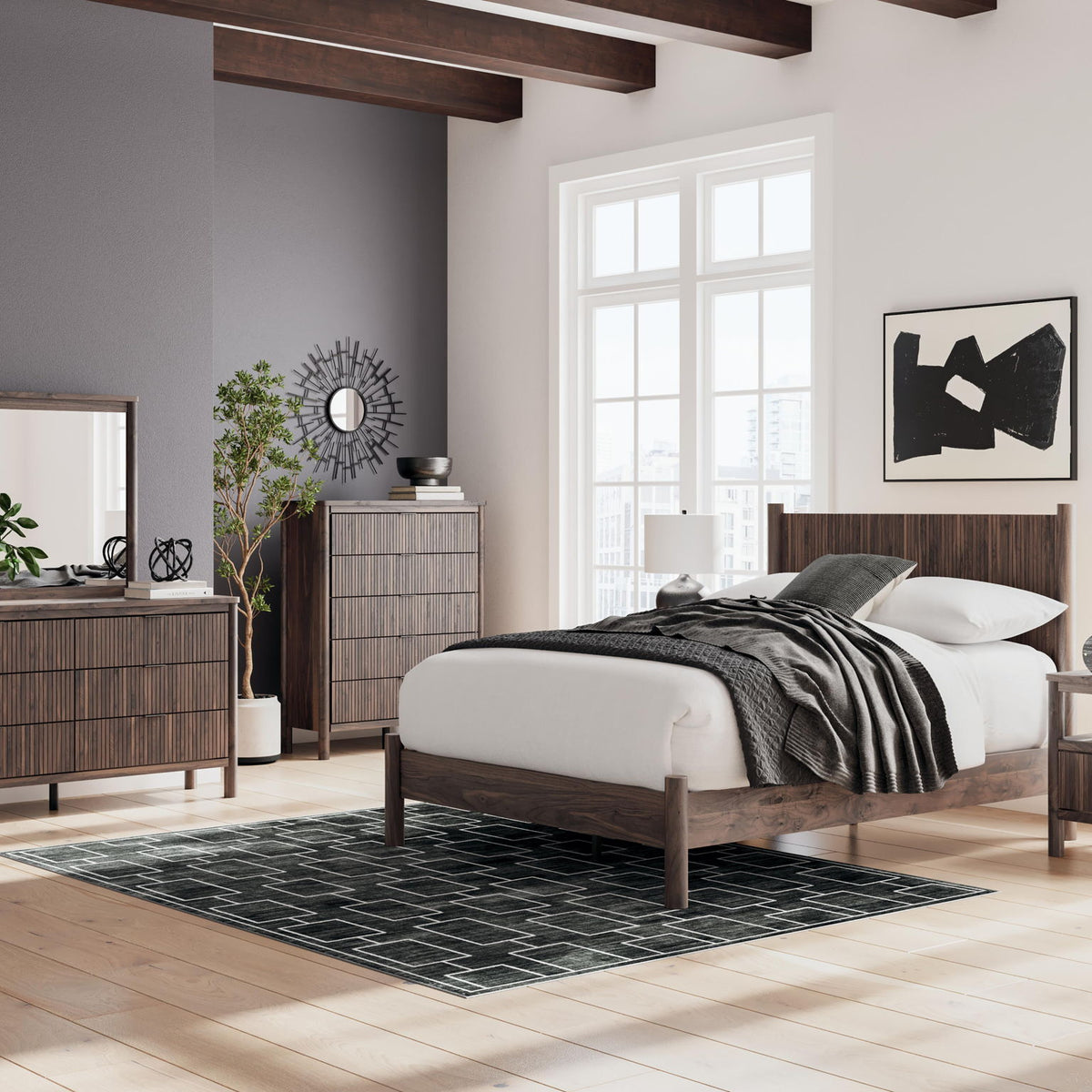 Brown one-drawer nightstand with panel sides and simple square legs