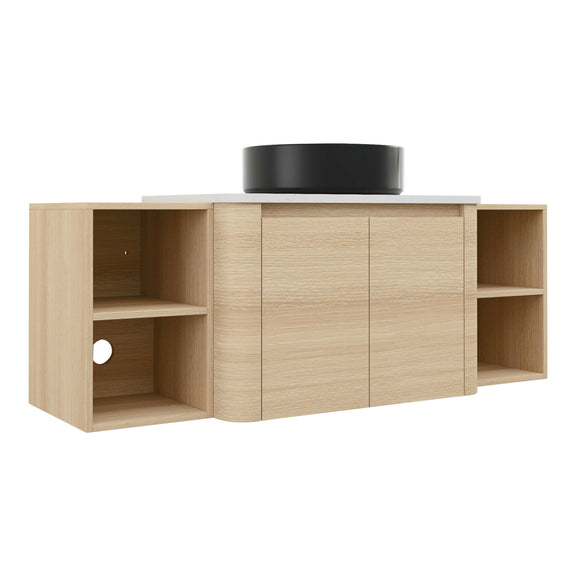 Mounted bathroom vanity with black countertop, round black sink, 2 open shelves