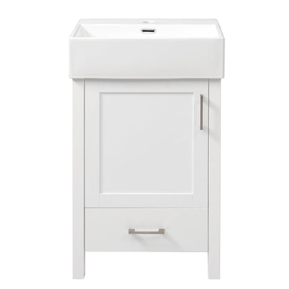 White bathroom vanity with sink, cabinet door, and bottom drawer