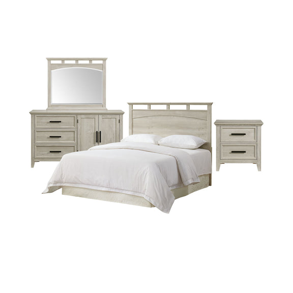 White bedroom set with bed, dresser with mirror, and matching nightstand