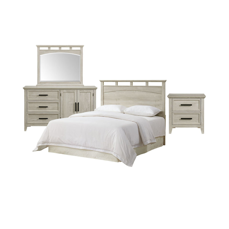 White bedroom set with bed, dresser with mirror, and matching nightstand