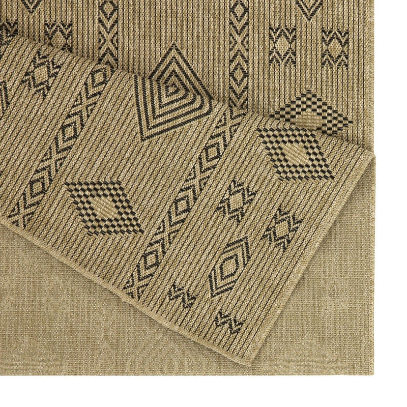 Jute rug corner with raised geometric motifs and checkered border, beige and black