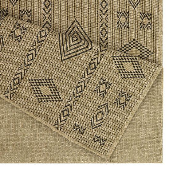 Natural and black indoor/outdoor area rug with geometric diamond and chevron pattern