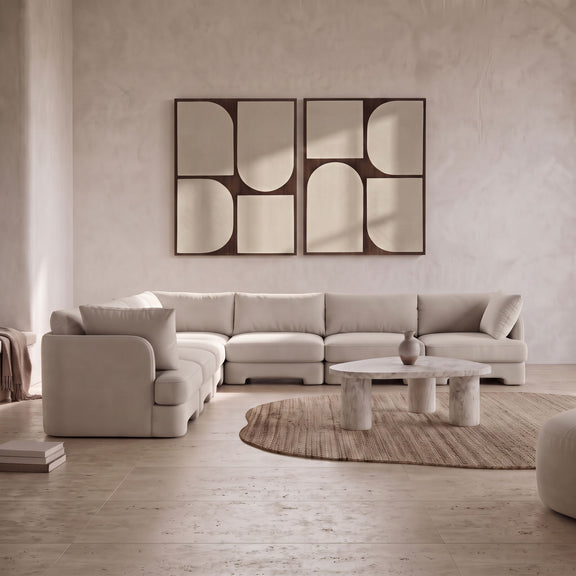 Light gray velvet corner sectional sofa with chaise seating, 7-piece set