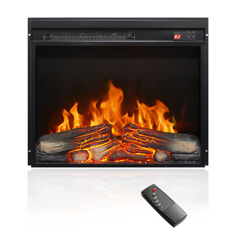 23 inch electric fireplace insert, ultra thin heater with log set & realistic flame, remote control with timer, overheating protection