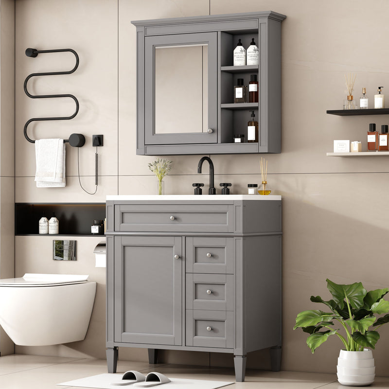 Bathroom Vanity With Top Sink, 2 Doors And 3 Drawers, Freestanding Set With Mirror Cabinet