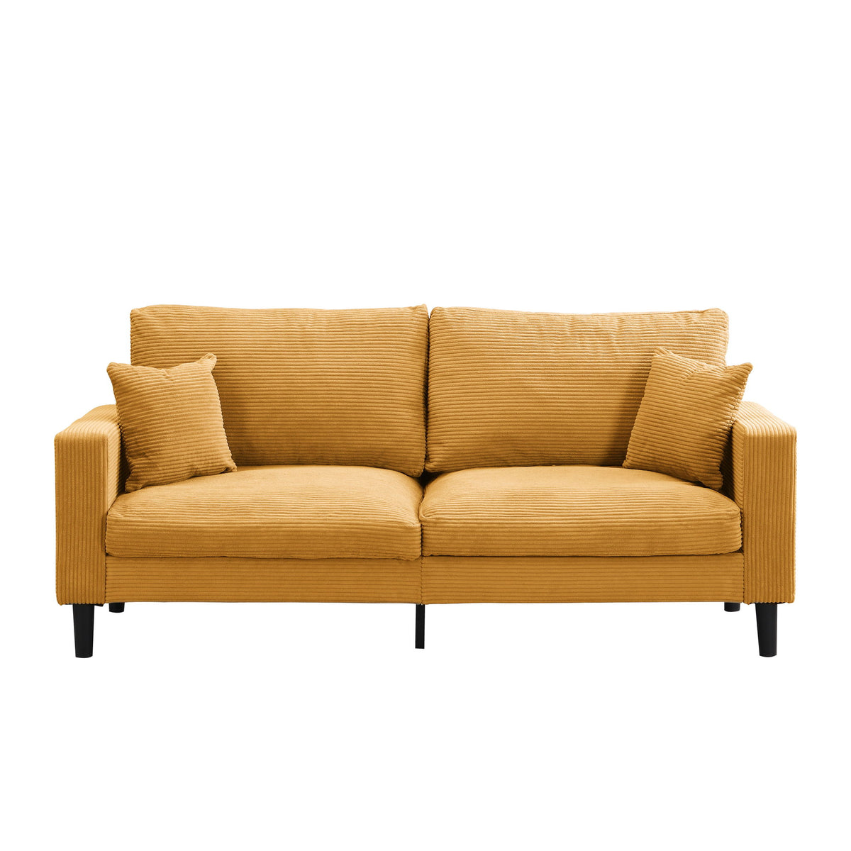 Three-seater upholstered sofa, warm orange fabric with three seat cushions and bolster pillows