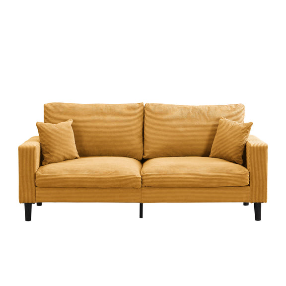 Three-seater upholstered sofa, warm orange fabric with three seat cushions and bolster pillows