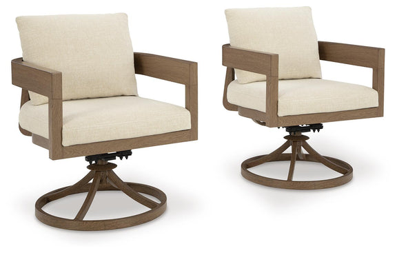 Set of two swivel patio chairs with beige cushions and dark brown bases