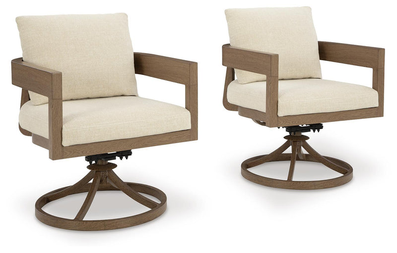 Set of two swivel patio chairs with beige cushions and dark brown bases