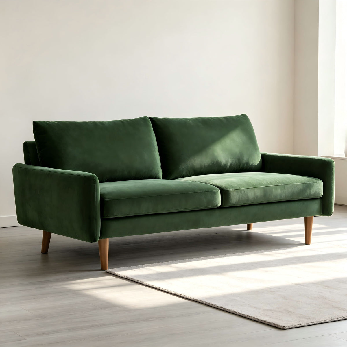 Kent sofa, dark green velvet with two seat cushions, rounded arms, and wooden legs
