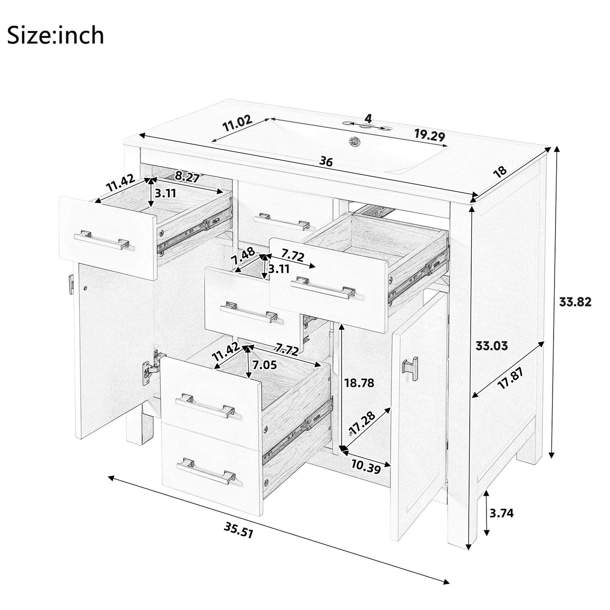 Bathroom vanity with sink and open drawers, shown with dimension measurements
