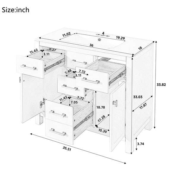 Bathroom vanity with sink and open drawers, shown with dimension measurements