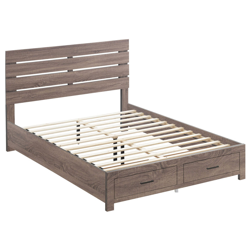 Dark brown platform bed with slatted headboard, light slats, and two side drawers