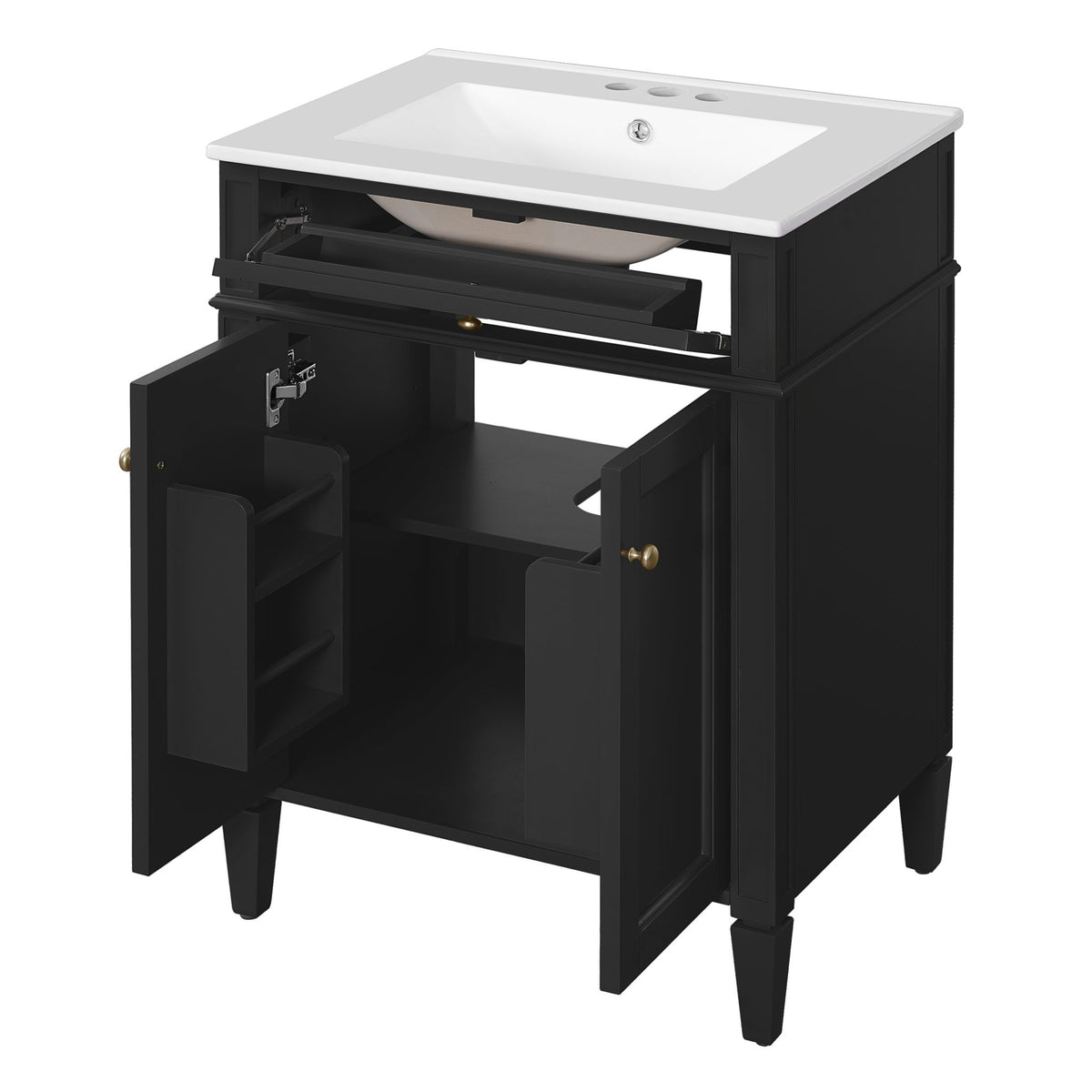 Black bathroom vanity with white top, two doors open, and tip-out drawer extended