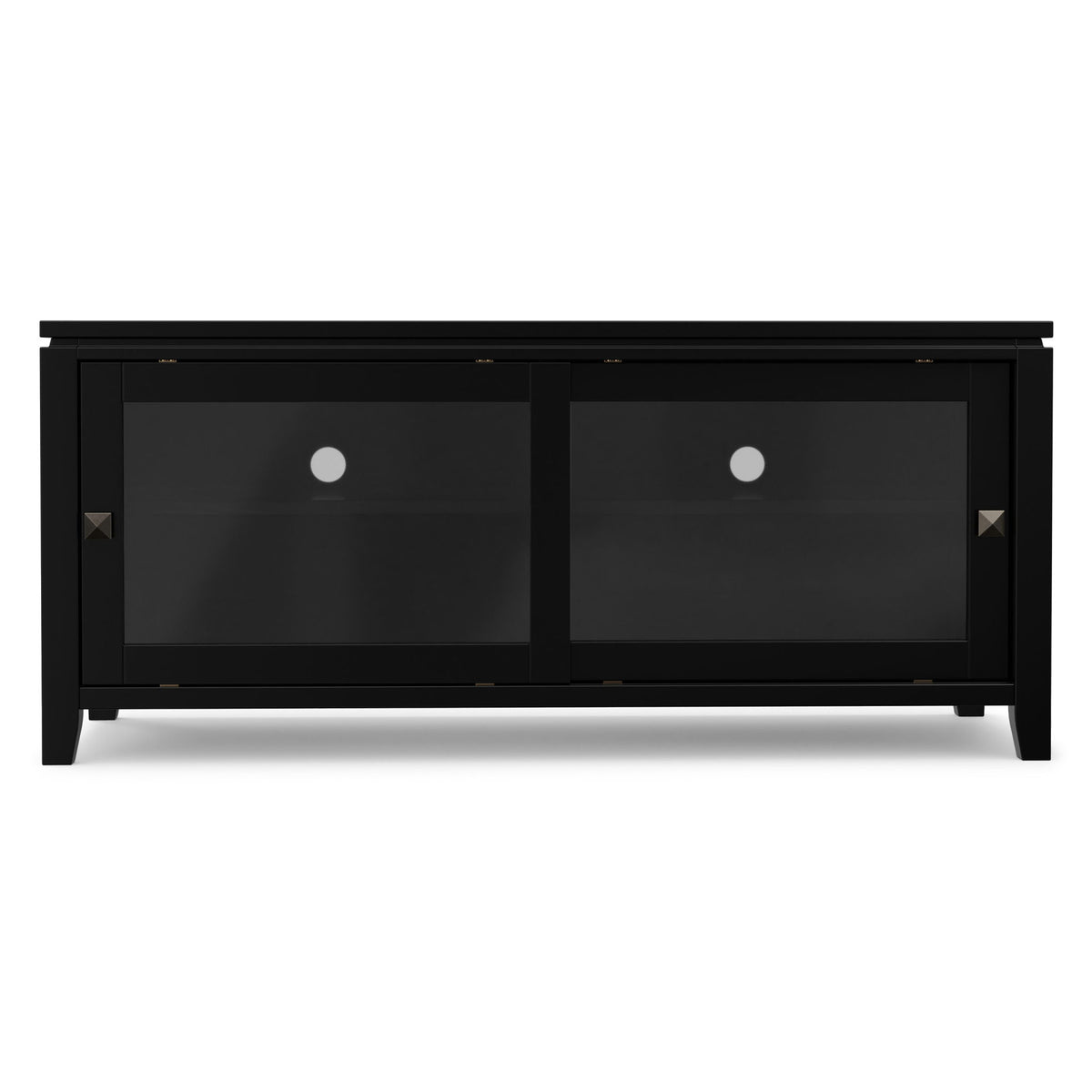 Black TV media stand with two front glass cabinet doors and open center shelf