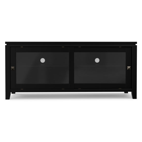 Black TV media stand with two front glass cabinet doors and open center shelf