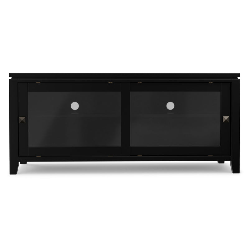 Black TV media stand with two front glass cabinet doors and open center shelf