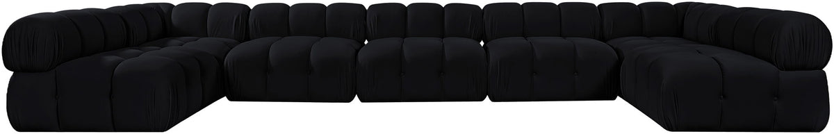 Black modular U-shaped sectional sofa with padded cushions and rounded armrests