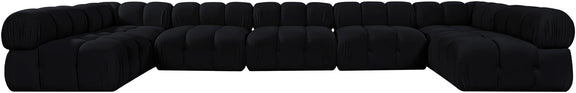 Black modular U-shaped sectional sofa with padded cushions and rounded armrests