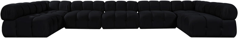 Black modular U-shaped sectional sofa with padded cushions and rounded armrests