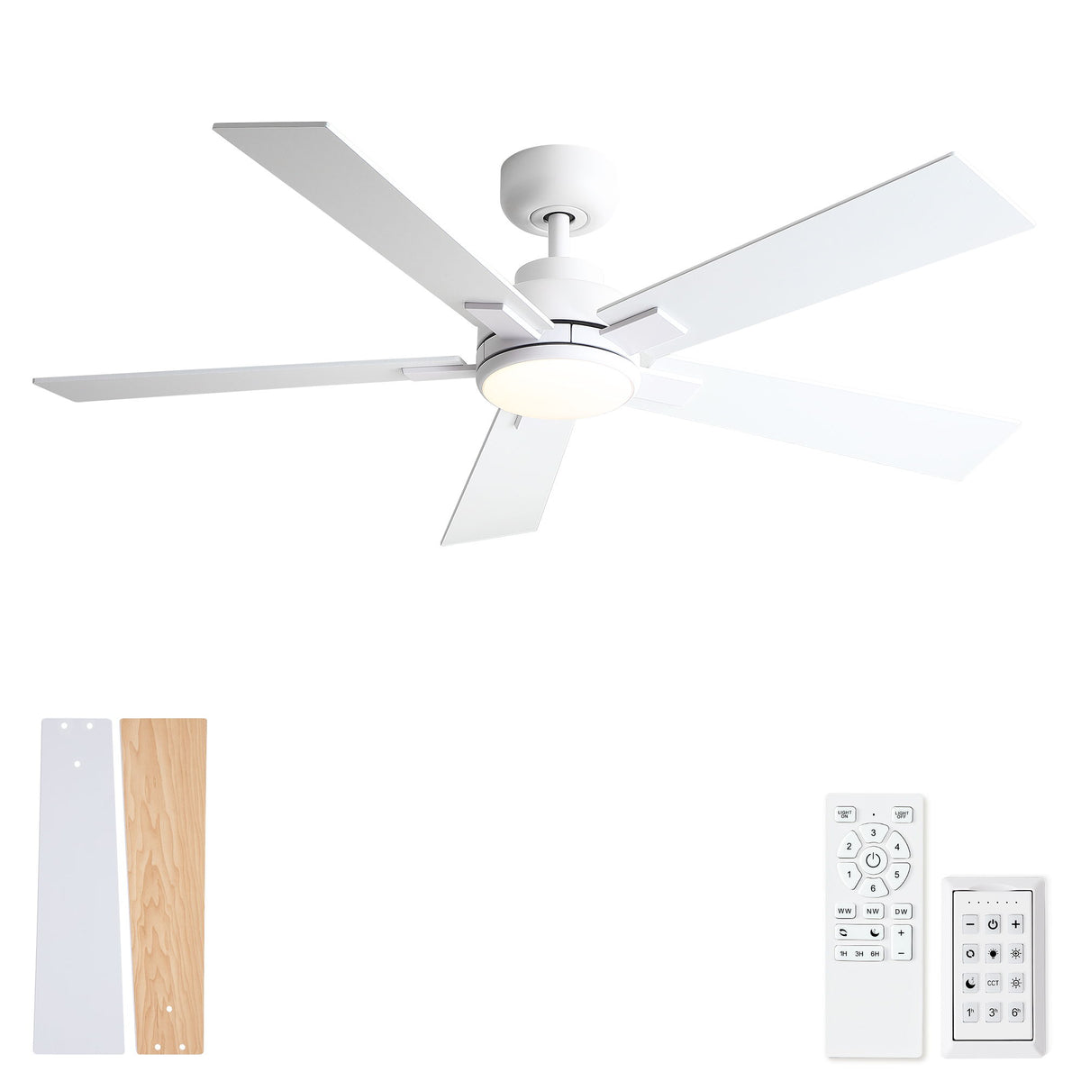 White reversible ceiling fan with integrated LED light and remote control