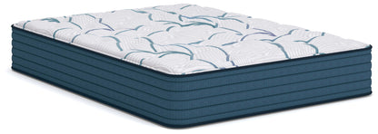 Plush mattress with white quilted cover and blue striped edges, top view