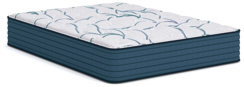 Plush mattress with white quilted cover and blue striped edges, top view