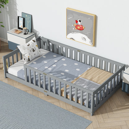 Twin Size Floor Bed with Fence without Door, Rubber Wood Floor Bed with Safety Guardrails, Grey