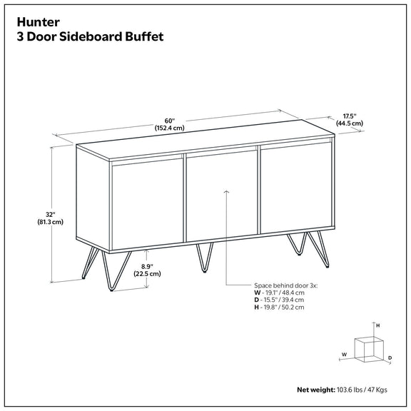 Hunter 3-door sideboard buffet dimension diagram, 60 inches wide