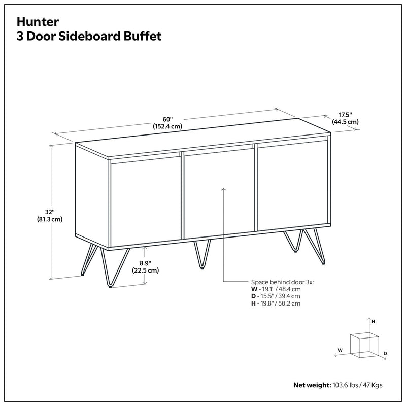 Hunter 3-door sideboard buffet dimension diagram, 60 inches wide