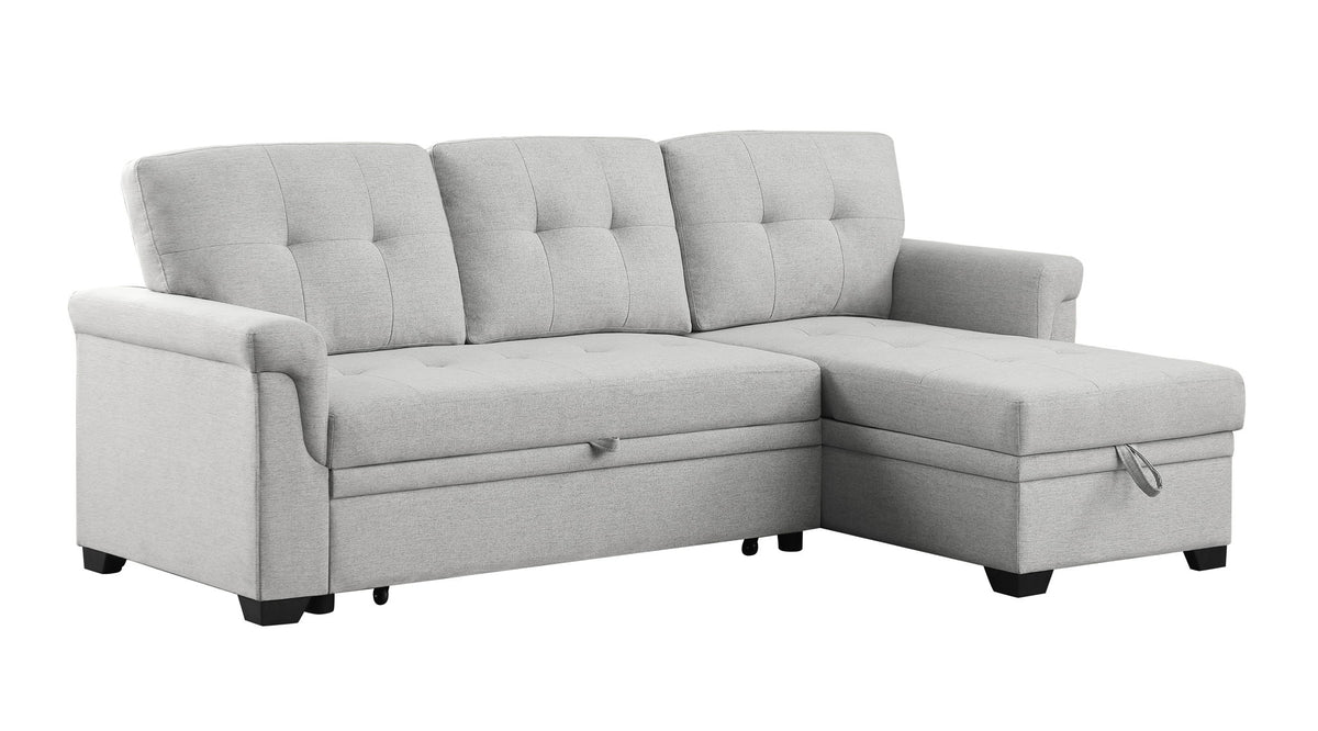 Light gray reversible sleeper sectional sofa with storage chaise, corner chaise