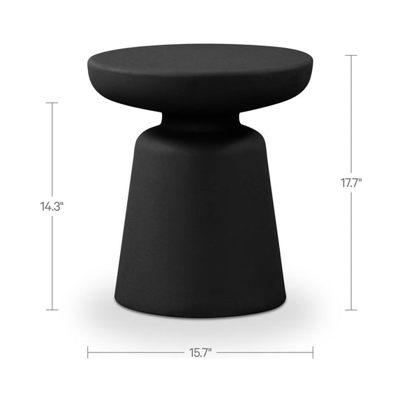 Matte black outdoor side table with round tabletop and tapered pedestal base