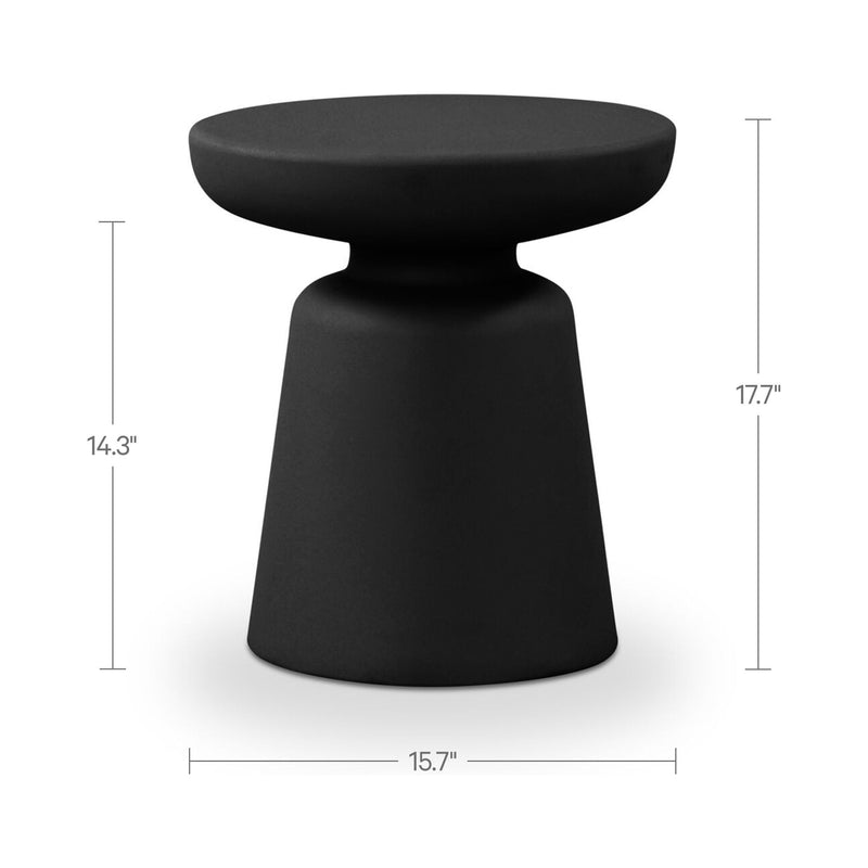 Matte black outdoor side table with round tabletop and tapered pedestal base
