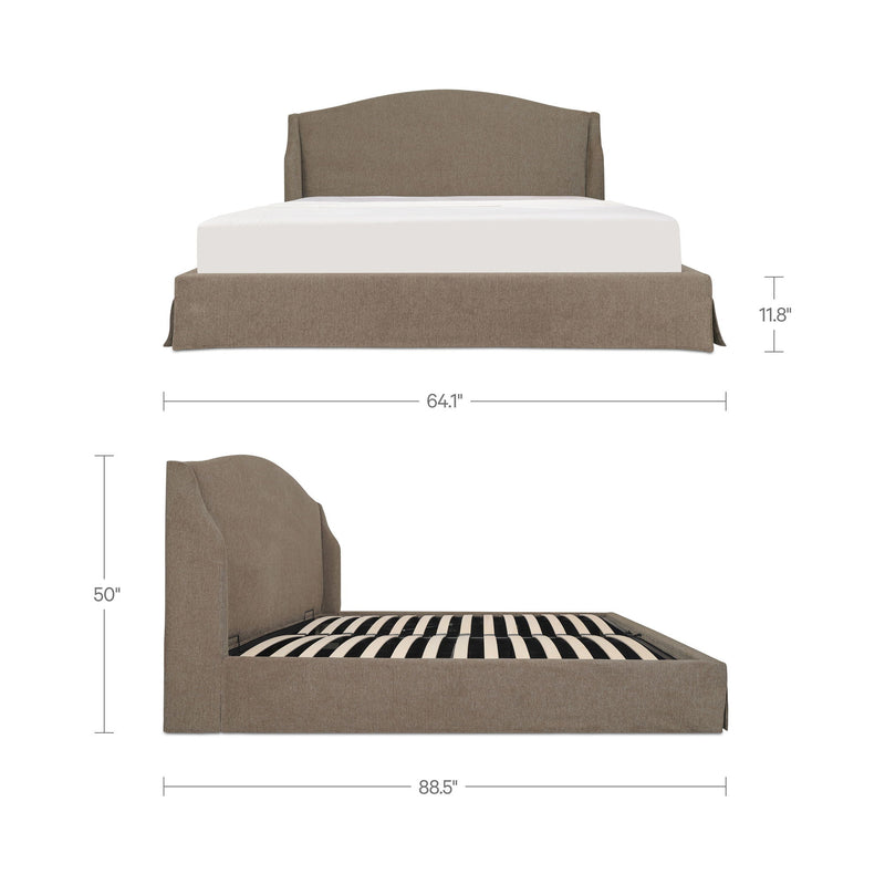 Queen upholstered bed frame, brown fabric; 64.1 in wide, 88.5 in long