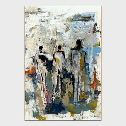 Gold-framed abstract painting of three figures in blue and white