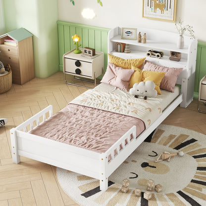 Twin Pine Wood Bed with Bookcase Headboard, LED Motion Sensor Light, Guardrails, White