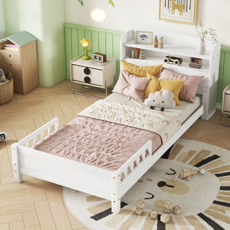 Twin Pine Wood Bed with Bookcase Headboard, LED Motion Sensor Light, Guardrails, White