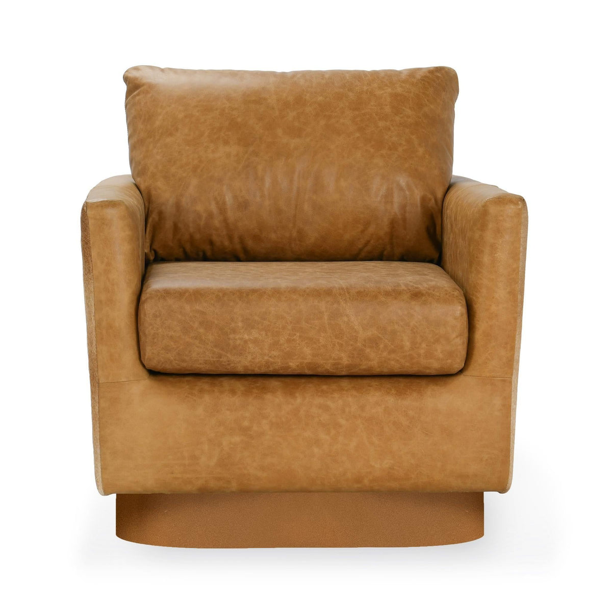 Brown leather accent chair with padded back cushion and curved seat base