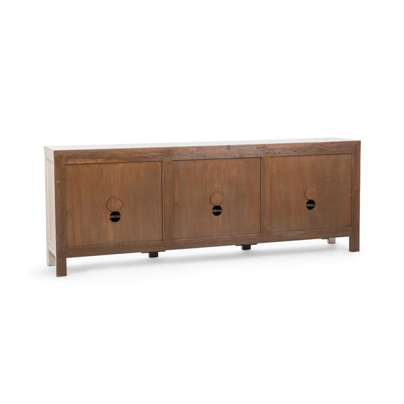 Wood sideboard cabinet with three cabinet doors and oval metal pulls