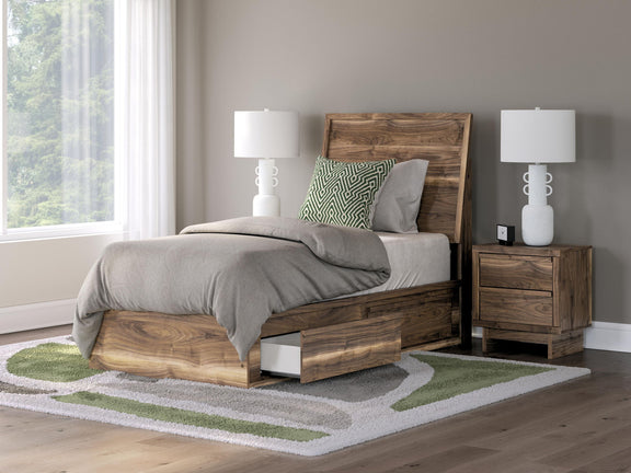 Dark brown panel bed with storage and platform base, includes headboard