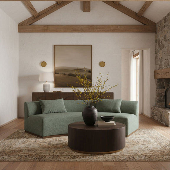 104-inch chenille upholstered sofa in green fabric with three back cushions, dark base.