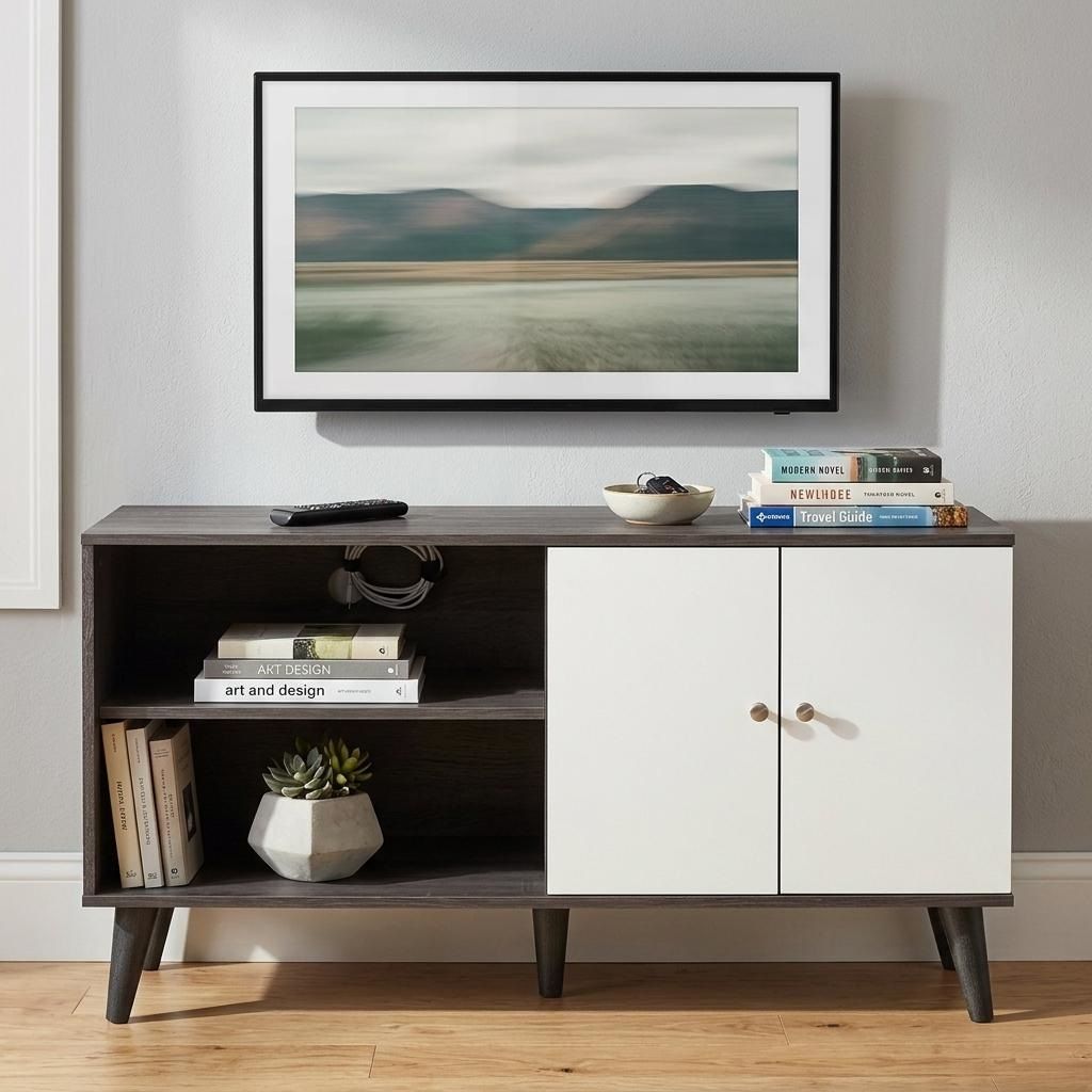 Dark brown TV stand with two open shelves and cabinet with two white doors