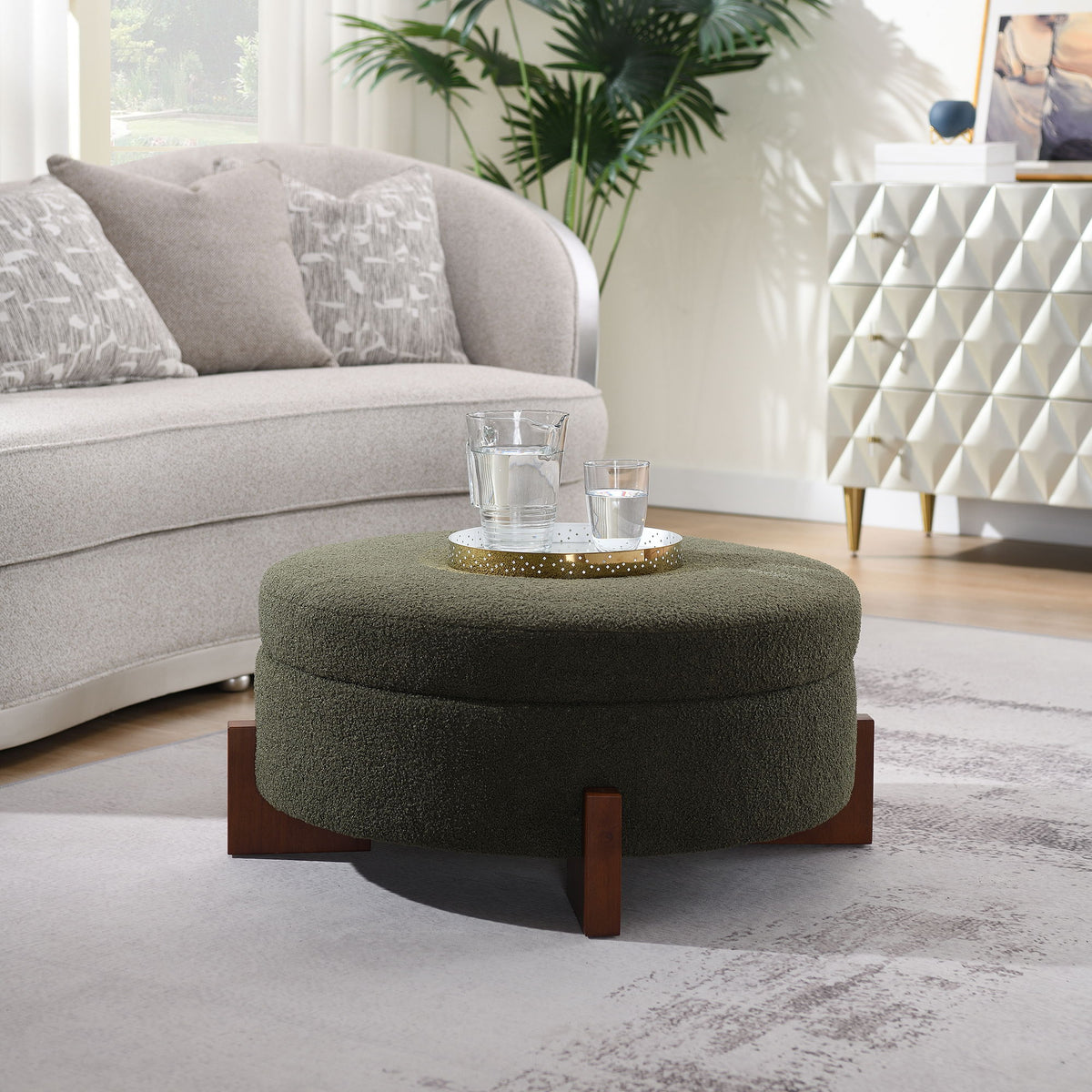 Round Storage Ottoman, Footrest Stool For Living Room