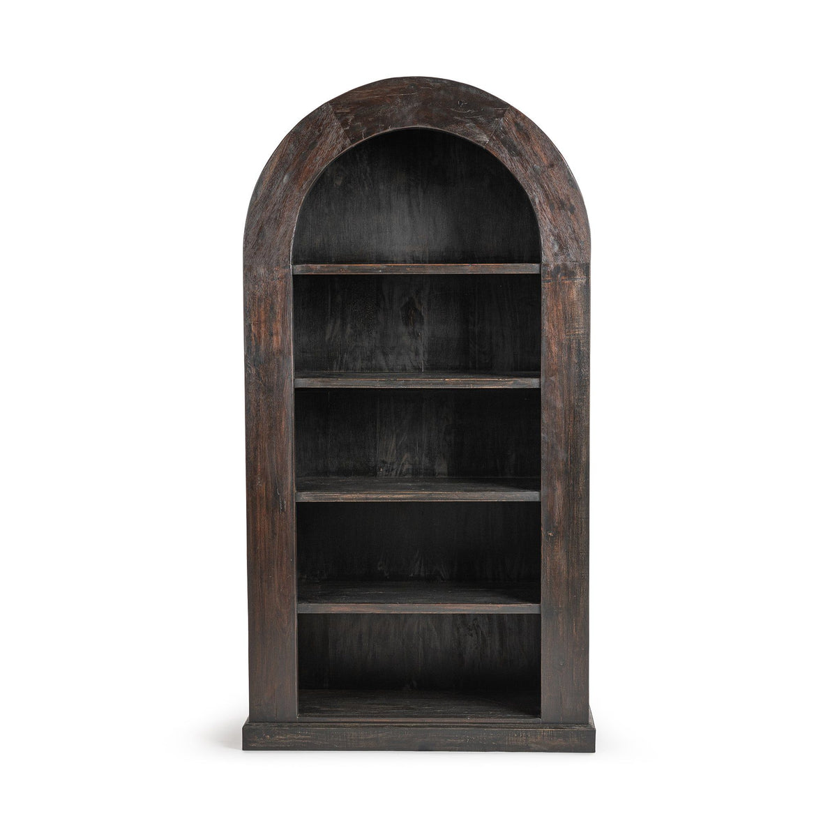 Dark distressed arched wood bookcase with open shelves and rounded top opening