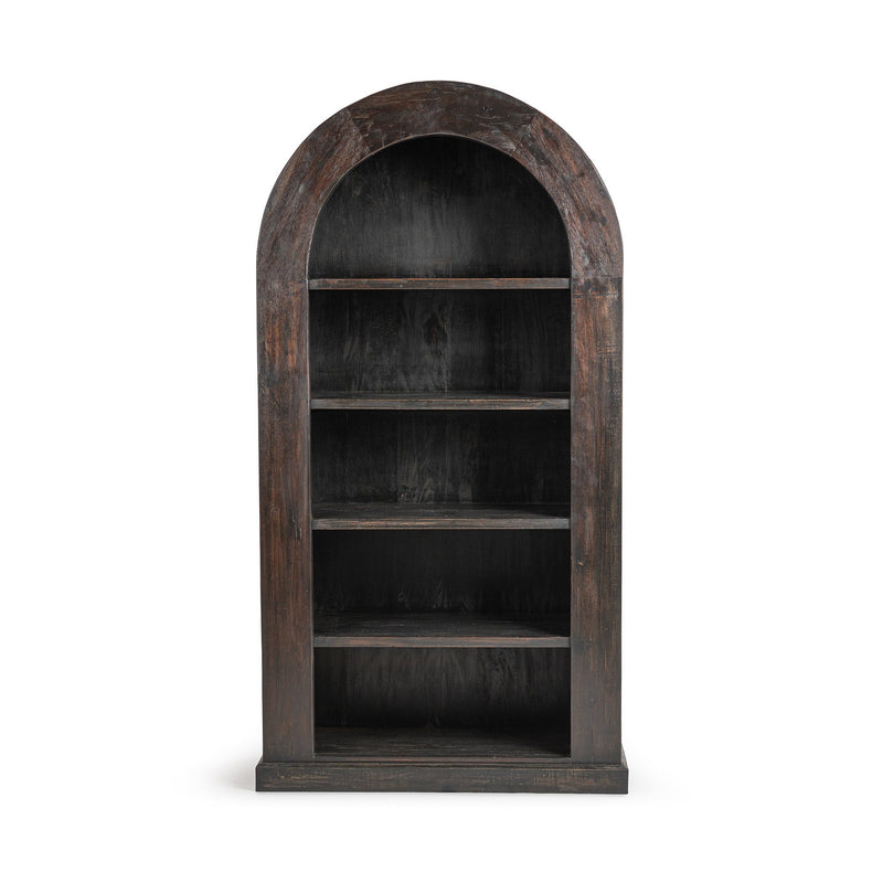 Dark distressed arched wood bookcase with open shelves and rounded top opening