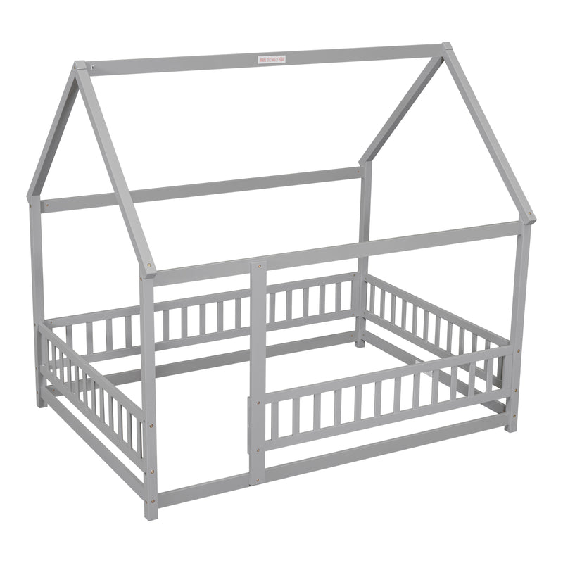 Full Size Floor Wooden Bed with House Roof Frame and Fence Guardrails, Grey, Pine and Plywood