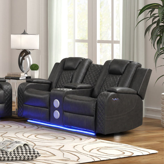 Black power reclining loveseat with quilted cushions and blue LED light strip