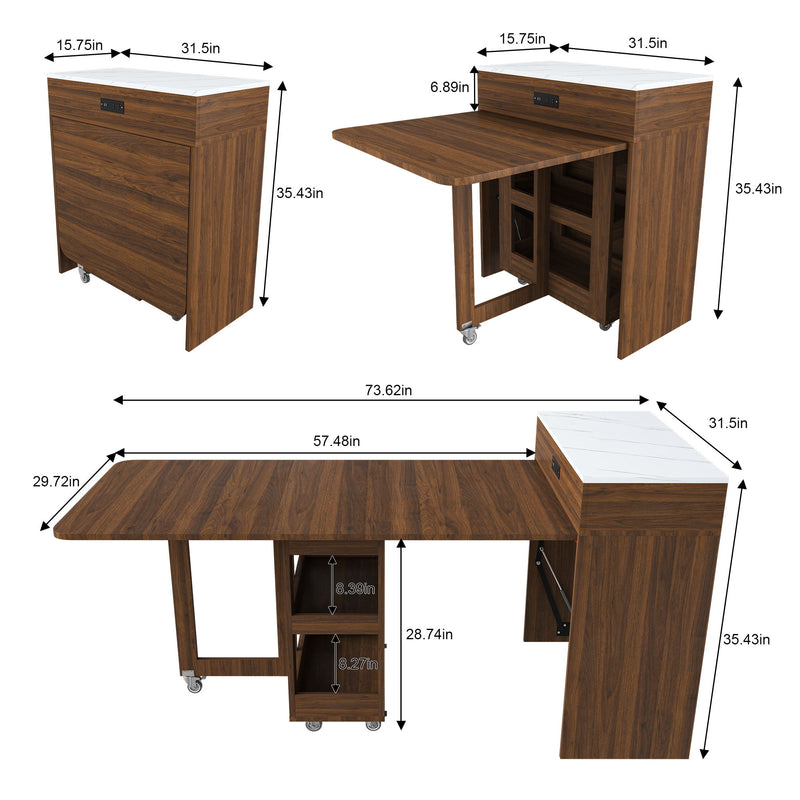 Extendable Dining Table With Power Socket, Lockable Casters, Storage Cabinet